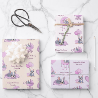 Feuille De Papier Cadeau Joyeux Anniversaire Bébé Fille Chien Bouledogue Fr