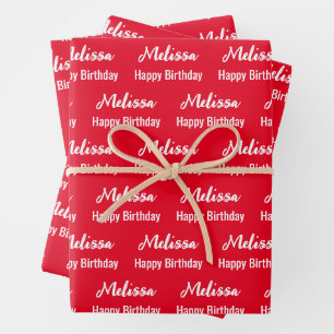 Feuille De Papier Cadeau Joyeux anniversaire Bright Red and White Name Moti