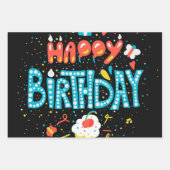 Feuille De Papier Cadeau Joyeux anniversaire en noir (Devant 2)