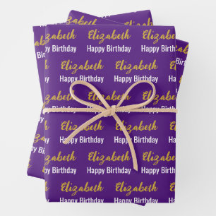 Feuille De Papier Cadeau Joyeux Anniversaire Gold Nom Script Purple & White