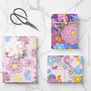 Feuille De Papier Cadeau Joyeux Anniversaire Jardin de Fleurs Sauvages Moti