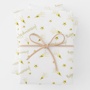 Feuille De Papier Cadeau Joyeux anniversaire motif or stars ppoppers