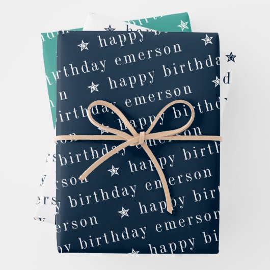 Feuille De Papier Cadeau Joyeux Anniversaire Nom Motif Bleu Turquoise (En situation)