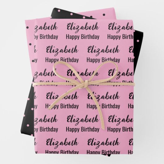 Feuille De Papier Cadeau Joyeux Anniversaire Nom Noir Lumière Rose Pois (En situation)