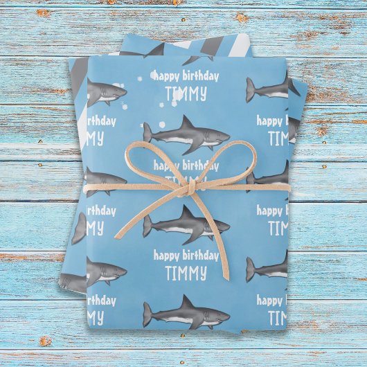 Feuille De Papier Cadeau Joyeux Anniversaire Whimsical Blue Ocean Sharks Am