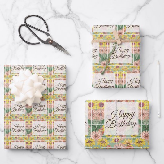 Feuille De Papier Cadeau Joyeux anniversaire Zinnia Flowers (Recto)