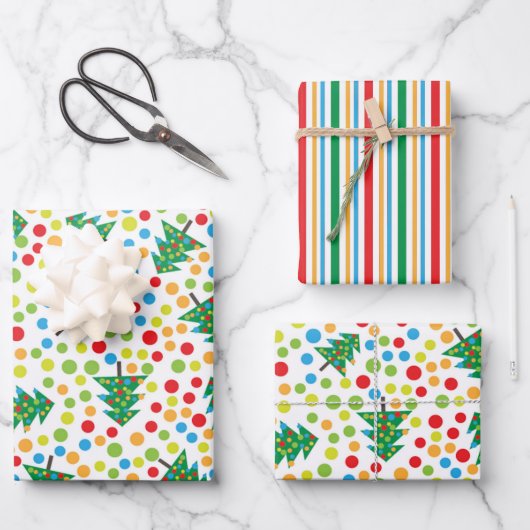 Feuille De Papier Cadeau Joyeux arbres de Noël, Pois et rayures (Recto)
