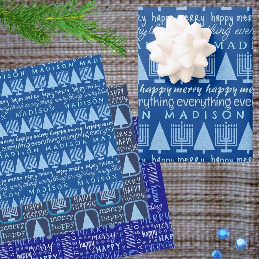 Feuille De Papier Cadeau Joyeux bleu interconfessionnel Tout ajouter Nom en