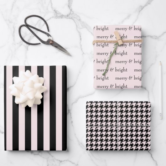 Feuille De Papier Cadeau Joyeux et brillant Noël rose noir (Recto)