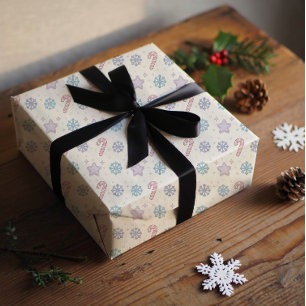 Feuille De Papier Cadeau Joyeux et lumineux, le chapeau de Santa et le bâto