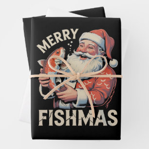 Feuille De Papier Cadeau Joyeux Fishmas drôle de Noël Santa Claus pêche 