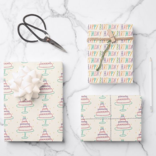 Feuille De Papier Cadeau Joyeux gâteaux d'anniversaire mignon charmant cade (Recto)
