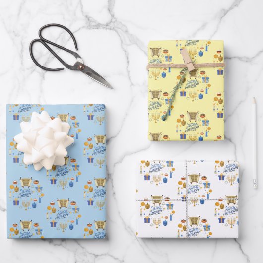 Feuille De Papier Cadeau Joyeux Hanukkah Mélange de Couleurs Mignon (Recto)
