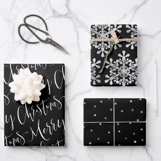 Feuille De Papier Cadeau Joyeux jeu de flocons de Noël noir et blanc (Recto)