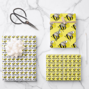 Feuille De Papier Cadeau Joyeux Jour des abeilles Jaune Bumblebee fête d'an