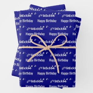 Feuille De Papier Cadeau Joyeux Motif de nom bleu et blanc de la marine