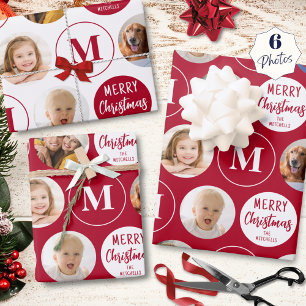 Feuille De Papier Cadeau Joyeux Noël 6 Photos Monogramme Rouge Blanc