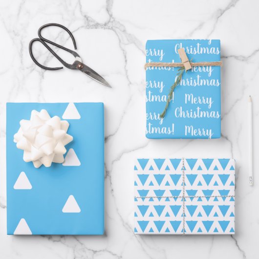 Feuille De Papier Cadeau Joyeux Noël bleu clair triangle (Recto)