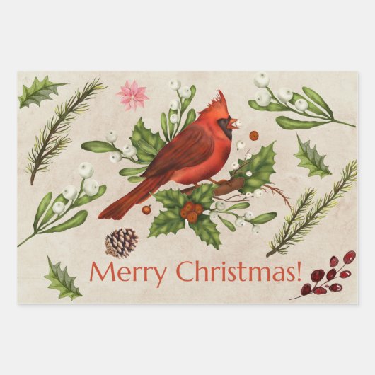Feuille De Papier Cadeau Joyeux Noël Cardinal Rouge (Devant)