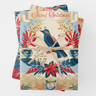 Feuille De Papier Cadeau Joyeux Noël et Bonne Année ! Oiseau bleu 2026