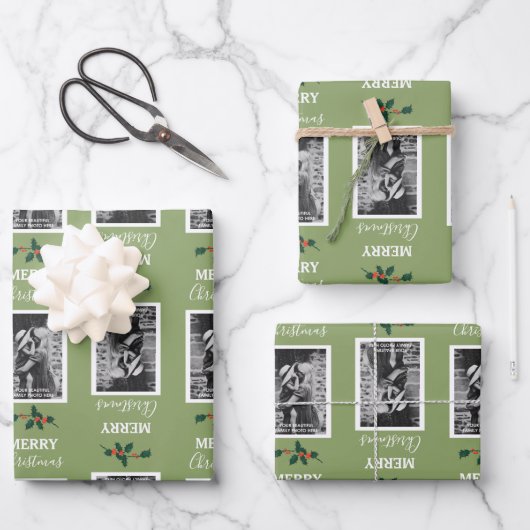 Feuille De Papier Cadeau Joyeux Noël Festif Customisé Photo - Vert (Recto)
