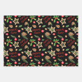 Feuille De Papier Cadeau Joyeux Noël Holly Red Fir Pine Cone Star Noir (Devant)