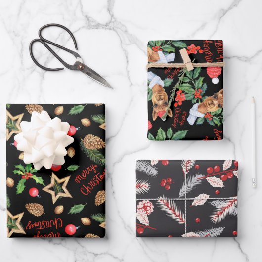 Feuille De Papier Cadeau Joyeux Noël Holly Red Fir Pine Cone Star Noir (Recto)