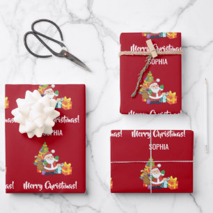 Feuille De Papier Cadeau Joyeux Noël mignon Père Noël Personnaliser Nom Rou
