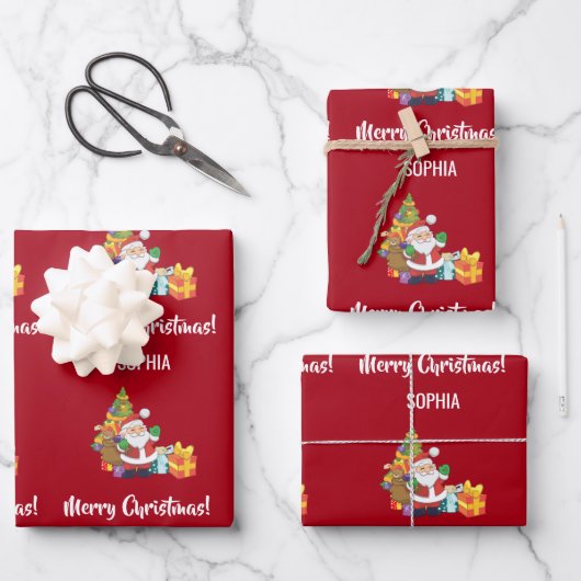 Feuille De Papier Cadeau Joyeux Noël mignon Père Noël Personnaliser Nom Rou (Recto)