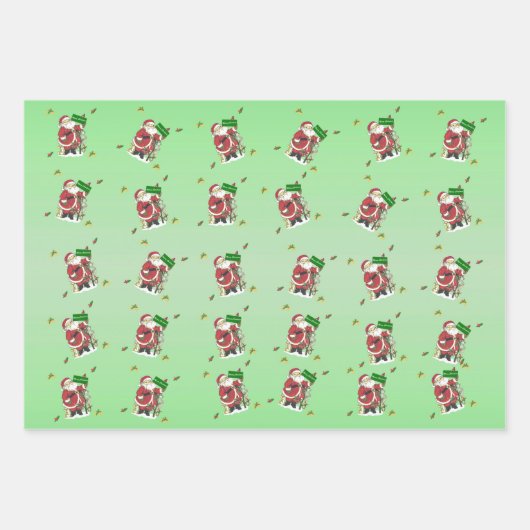 Feuille De Papier Cadeau Joyeux Noël Père Noël Animaux Arbre Vaches Vert (Devant 2)