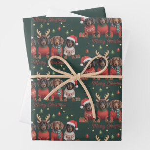 Feuille De Papier Cadeau Joyeux Noël Père Noël Renne Dachshund Weiner