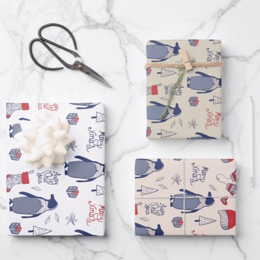 Feuille De Papier Cadeau Joyeux Noël Pingouin Noël Casquette Gants Motif (Recto)