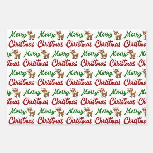 Feuille De Papier Cadeau Joyeux Noël Reindeer rouge vert script (Devant 3)