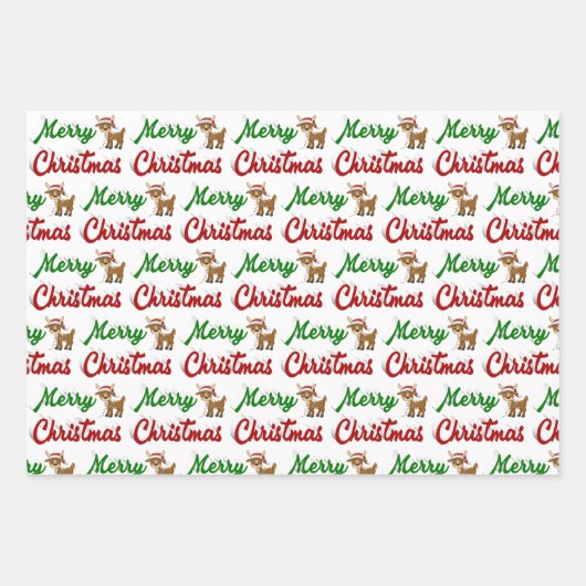 Feuille De Papier Cadeau Joyeux Noël Reindeer rouge vert script (Devant)