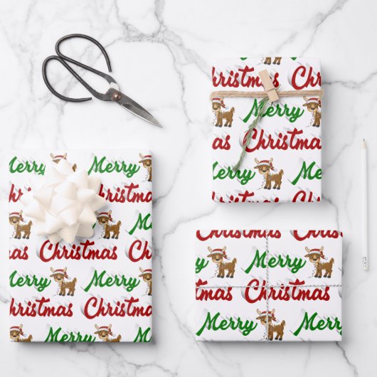 Feuille De Papier Cadeau Joyeux Noël Reindeer rouge vert script (Recto)