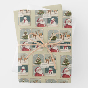 Feuille De Papier Cadeau Joyeux Noël Rétro Père Noël Arbre Vintage