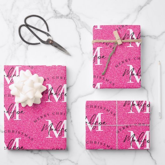 Feuille De Papier Cadeau Joyeux Noël rose sur mesure Monogramme Parties sci (Recto)