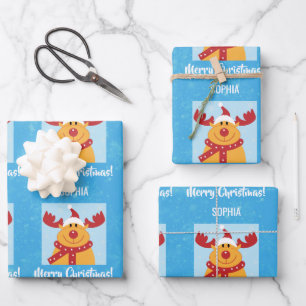 Feuille De Papier Cadeau Joyeux Noël Rudolph Reindeer Personnaliser le nom