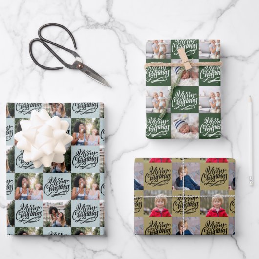 Feuille De Papier Cadeau Joyeux Noël Script 6 Photo Checkboard (Recto)