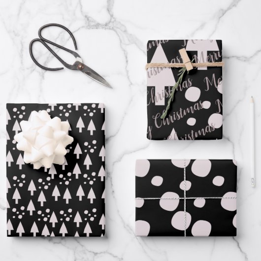 Feuille De Papier Cadeau Joyeux Noël Snowballs Arbres Black Rose Motif (Recto)