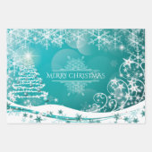 Feuille De Papier Cadeau Joyeux Noël Snowflakes Arbre Fleurs & Étoiles (Devant)