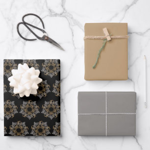 Feuille De Papier Cadeau Joyeux Noël Star Art, Or, Argent, Noir