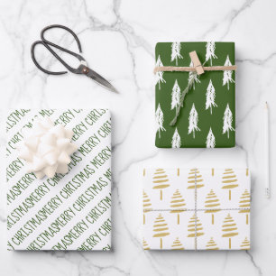 Feuille De Papier Cadeau Joyeux Noël vert et or moderne