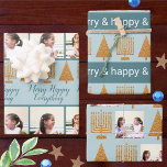 Feuille De Papier Cadeau Joyeux or bleu Noël Hanoukka Photo<br><div class="desc">Créez votre propre assortiment de feuilles de papier d'emballage photo de vacances avec ce faux or amusant mais élégant et bleu Merry Happy Everything thème. Ce pack varié d'enveloppement cadeau de vacances interconfessionnel personnalisé comprend deux feuilles avec vos photos et une feuille avec une impression de typographie bleu pastel, bleu...</div>