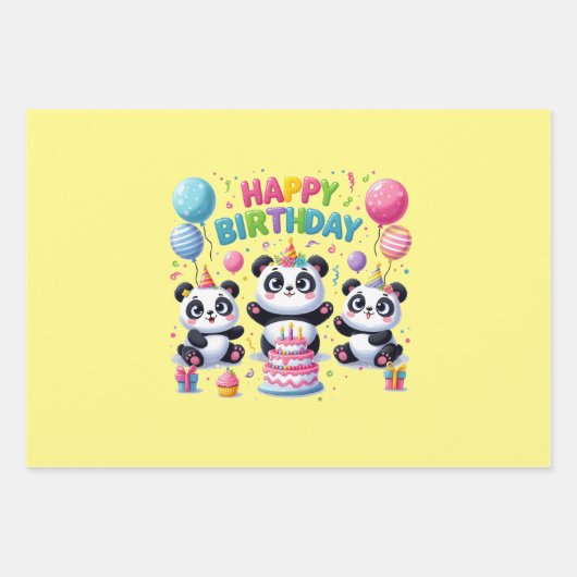Feuille De Papier Cadeau Joyeux Pandas d'anniversaire (Devant 2)