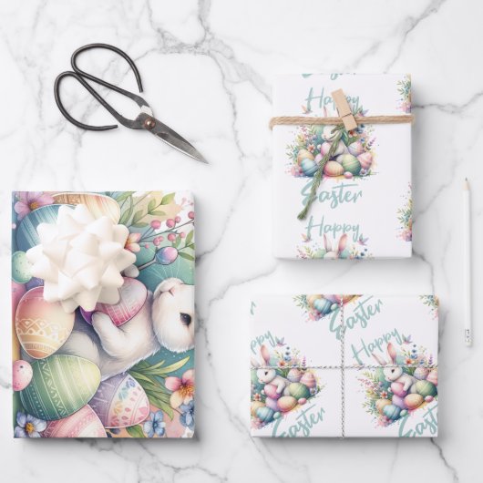 Feuille De Papier Cadeau Joyeux pastel de Pâques Easter Bunny Egg aquarelle (Recto)