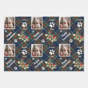 Feuille De Papier Cadeau Joyeux Pawlidays Chien Bleu Plaid Noël