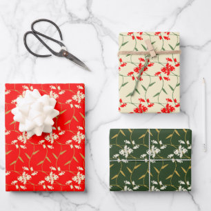 Feuille De Papier Cadeau Joyeux Regal Floral Rouge clair, Vert, Ivoire