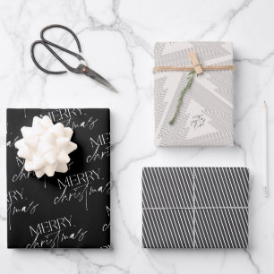 Feuille De Papier Cadeau Joyeux sapin de Noël moderne noir blanc