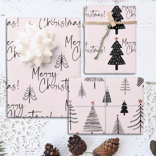 Feuille De Papier Cadeau Joyeux sapin rose